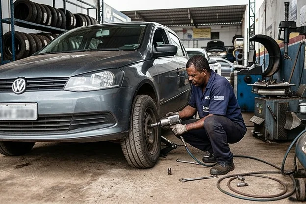 Pneus de um carro arejados e bem cuidados durante a manutenção.