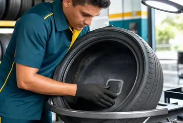 Profissional consertando um pneu em um ambiente de borracharia.