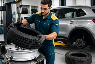 Profissional realizando a troca de pneus de um carro em uma borracharia.