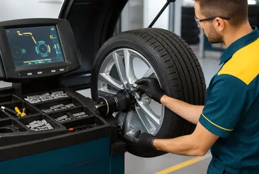 Profissional realizando balanceamento de rodas com equipamento especializado.