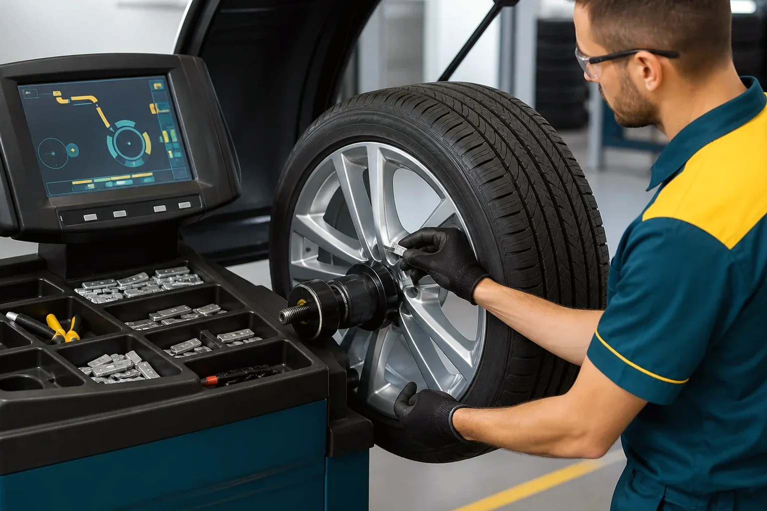 Profissional realizando balanceamento de rodas com equipamento especializado.