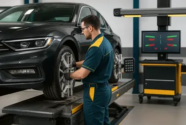 Técnico ajustando o alinhamento de rodas de um veículo.