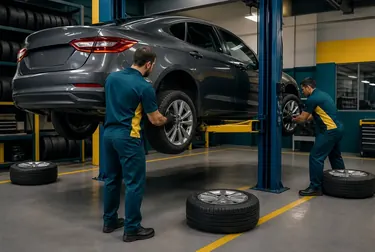Técnico realizando o rodízio de pneus de um carro.