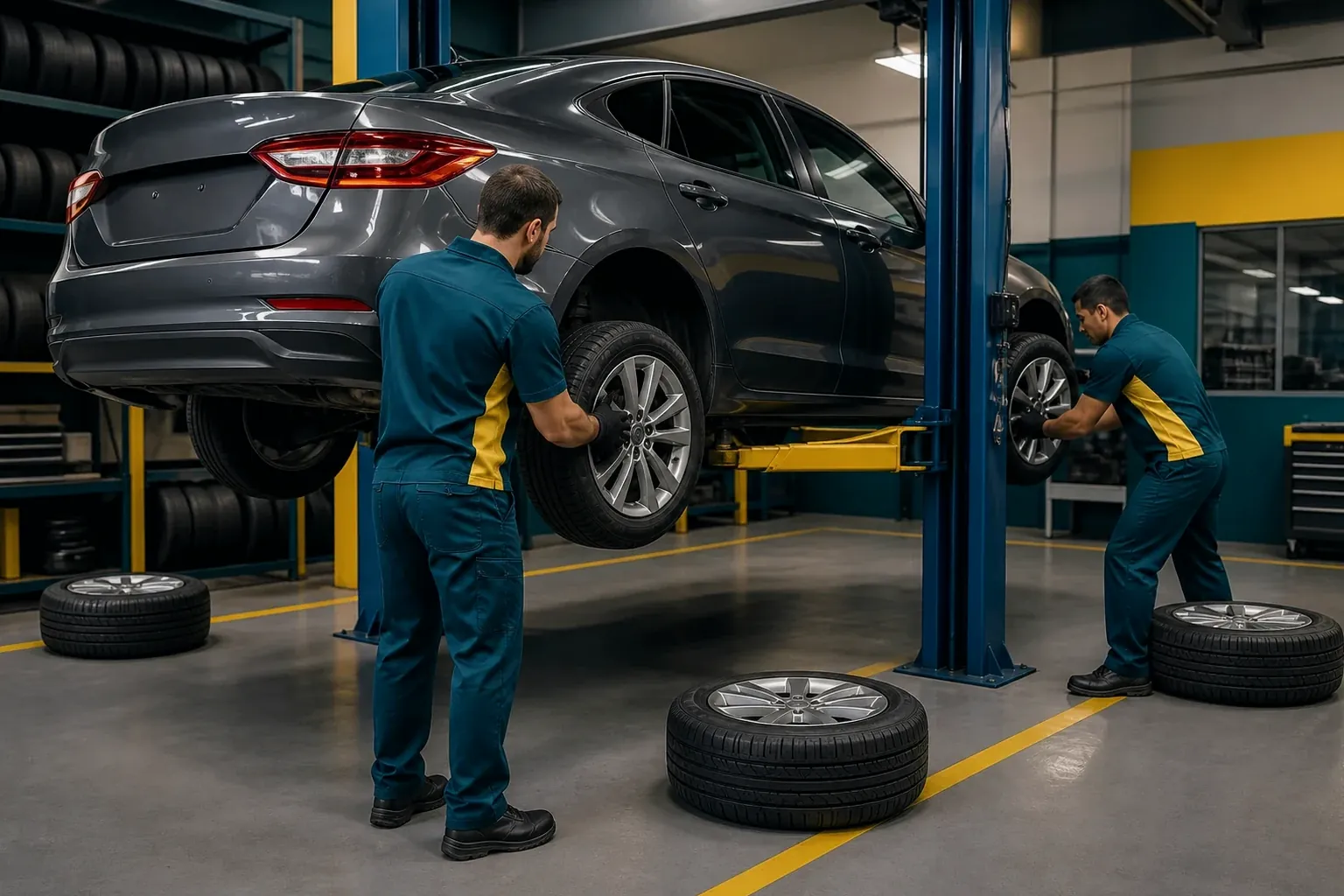 Técnico realizando o rodízio de pneus de um carro.