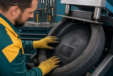 Técnico vulcanizando um pneu danificado.