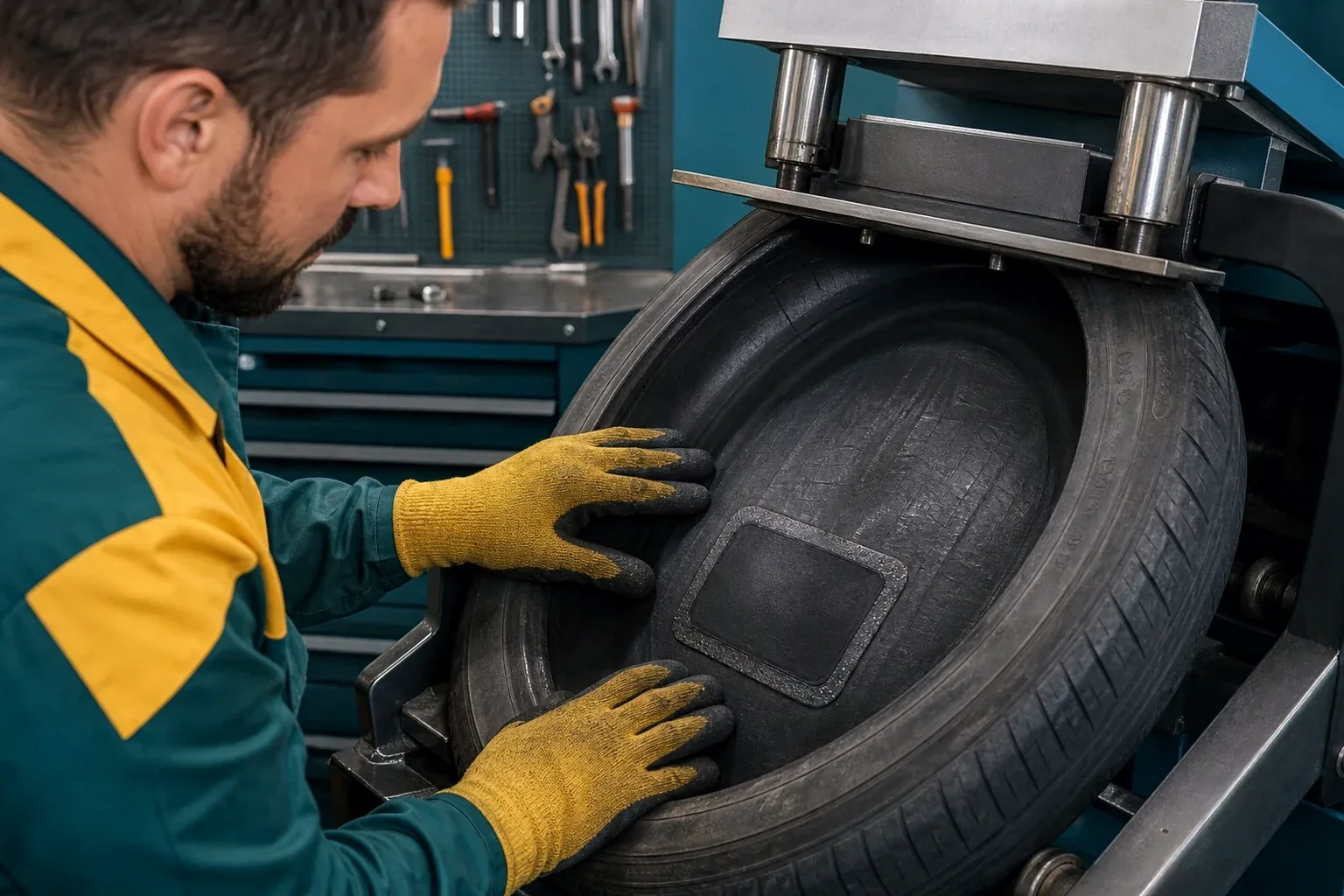 Técnico vulcanizando um pneu danificado.